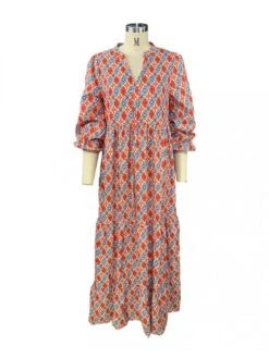 Short Sleeve Boho Printing Lantern Sleeve Dress Bohemian -BreezeWear Store P 20230905145118026 951
