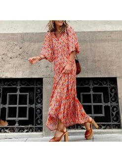 Short Sleeve Boho Printing Lantern Sleeve Dress Bohemian -BreezeWear Store P 20230905145125761 291