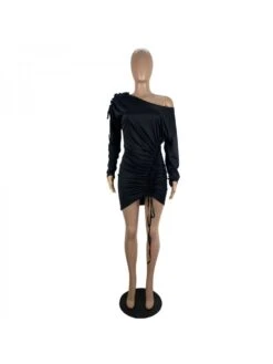 Fall Black Ruched One Shouler Short Dress -BreezeWear Store P 20230911114720500 926