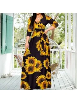 Floral Digital Printing V Neck Dress