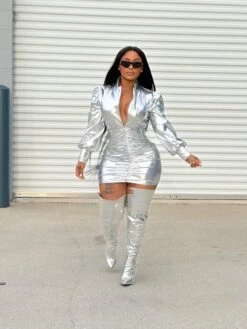 Fall Deep V Pleated Long Sleeve Bodycon Dress -BreezeWear Store P 20230913123528808 469