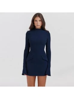 Solid Color Crew Neck Fitted Long Sleeves Dress -BreezeWear Store P 20230920162428321 156