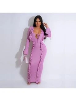 BreezeWear Store 43 Stringy Selvedge Deep V Neck Long Sleeve Maxi Dress