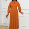 Keyhole Neck Lantern Sleeve Pleated Maxi Dress