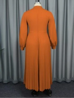 Keyhole Neck Lantern Sleeve Pleated Maxi Dress -BreezeWear Store P 20231102182012685 798