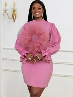 Stereo Flower Patchwork Lantern Sleeve Midi Dress