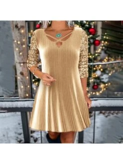 Sequin Solid Color Long Sleeve Low-cut Mini Dress