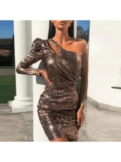 BreezeWear Store 45 Metallic One-shoulder Bodycon Dress