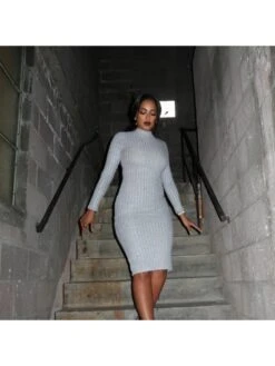 Crew Neck Rib Fitted Long Sleeve Midi Dress