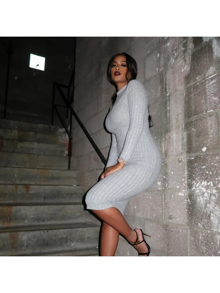 Crew Neck Rib Fitted Long Sleeve Midi Dress 5 Crew Neck Rib Fitted Long Sleeve Midi Dress - Image 3