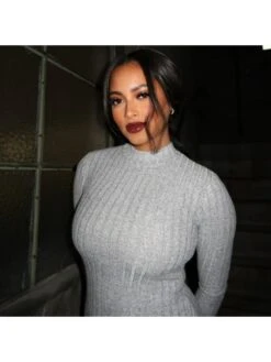 Crew Neck Rib Fitted Long Sleeve Midi Dress 11 Crew Neck Rib Fitted Long Sleeve Midi Dress -BreezeWear Store P 20231129171235734 624