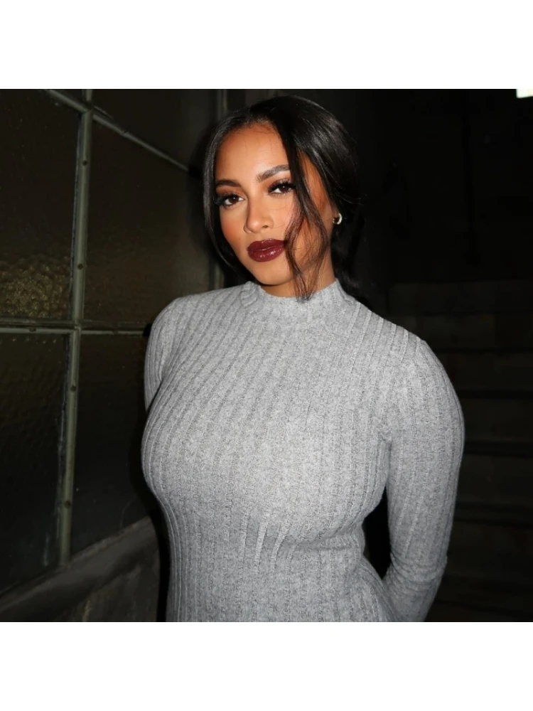 Crew Neck Rib Fitted Long Sleeve Midi Dress 6 Crew Neck Rib Fitted Long Sleeve Midi Dress - Image 4