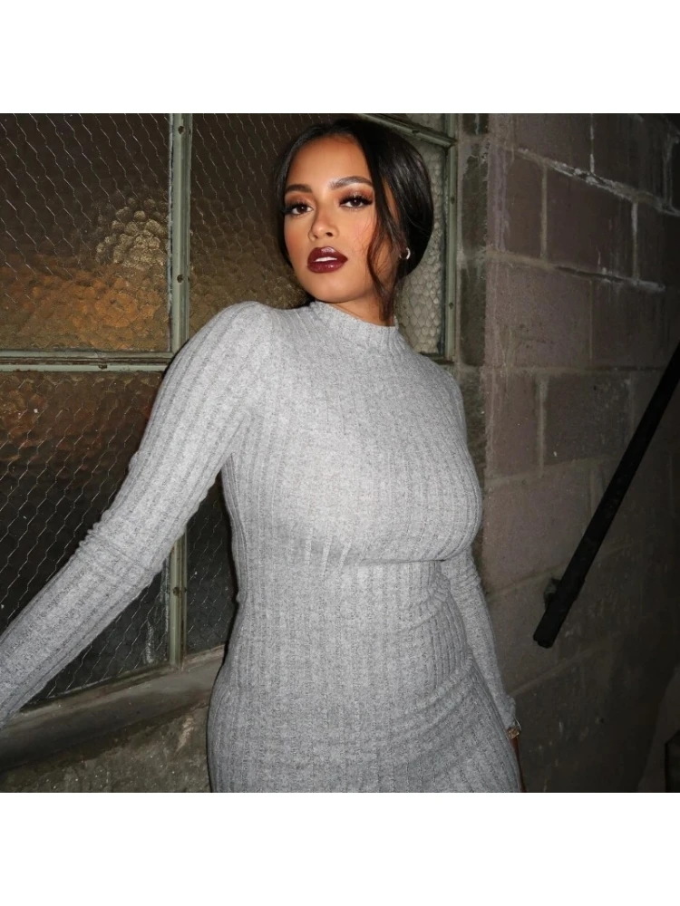 Crew Neck Rib Fitted Long Sleeve Midi Dress 7 Crew Neck Rib Fitted Long Sleeve Midi Dress - Image 5