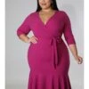 Ruffle Solid Color Plunging Neckline Plus Size Dresses -BreezeWear Store P 20231213124118249 613