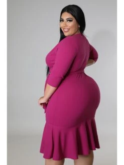 Ruffle Solid Color Plunging Neckline Plus Size Dresses -BreezeWear Store P 20231213124126675 370