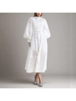 Lace Up Embroidery Lantern Sleeve Maxi Dresses -BreezeWear Store P 20231214135923810 925