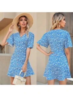 Disty Floral Printing V Neck A-line Mini Dress -BreezeWear Store P 20231218112952350 987