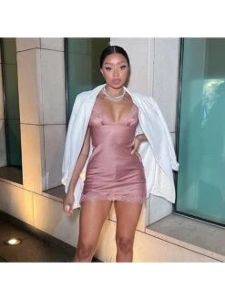 Lace Patchwork Low Cut Backless Mini Dress -BreezeWear Store P 20231218183345368 577