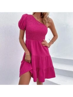 Stringy Selvedge One-shoulder Skinny Short Sleeve Dresses