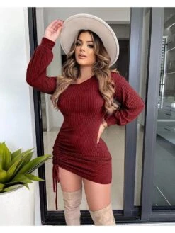 Tie-wrap Ruched Goddess-like Long Sleeve Dresses