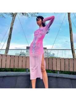 Cartoon Printed Long Sleeve Slit Maxi Dress -BreezeWear Store P 20240103120454072 530