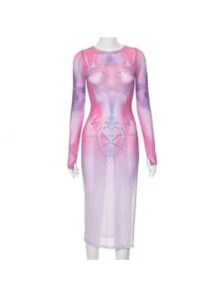 Cartoon Printed Long Sleeve Slit Maxi Dress -BreezeWear Store P 20240103120458924 627