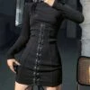 Tie-wrap Lace Up High Rise Long Sleeves Dress