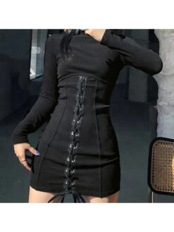Tie-wrap Lace Up High Rise Long Sleeves Dress