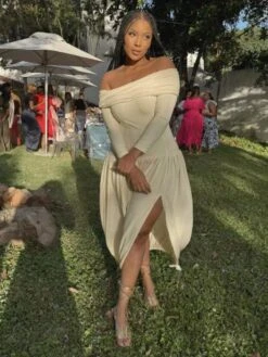 Ruched Drawstring Fitted Off Shoulder Midi Dress