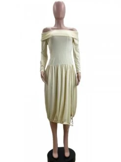 Ruched Drawstring Fitted Off Shoulder Midi Dress -BreezeWear Store P 20240109182057375 502