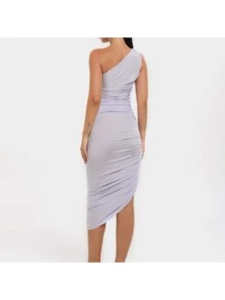 Solid Color One Shoulder Ruched Bodycon Mid Dresses -BreezeWear Store P 20240111163154595 325
