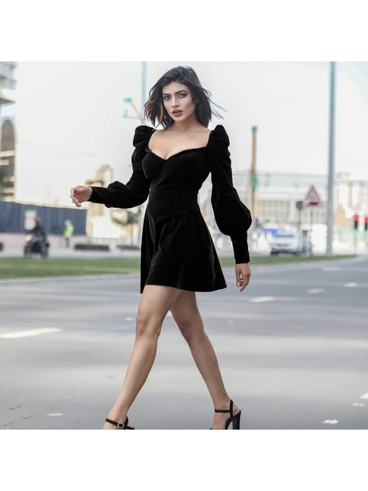 Solid Color Velour Long Sleeves Mini Dress 9 Solid Color Velour Long Sleeves Mini Dress - Image 7