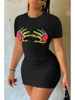 Palm Printed Round Neck Fitted Mini Dress