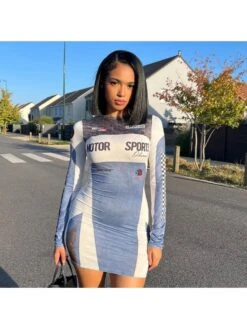 Colorblock Letter Printed Long Sleeve Dress