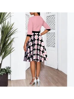 Colorblock Pattern Three-quarter Sleeve Midi Dress -BreezeWear Store P 20240123104439532 395