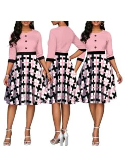 Colorblock Pattern Three-quarter Sleeve Midi Dress -BreezeWear Store P 20240123104442254 367