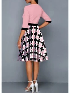 Colorblock Pattern Three-quarter Sleeve Midi Dress -BreezeWear Store P 20240123104448223 180