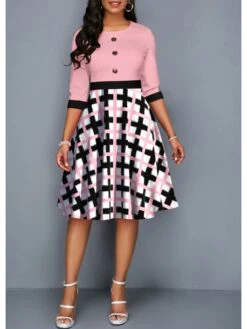 Colorblock Pattern Three-quarter Sleeve Midi Dress -BreezeWear Store P 20240123104451190 664