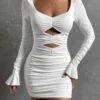 Ruched Hollow Out Trumpet Sleeve Mini Dress