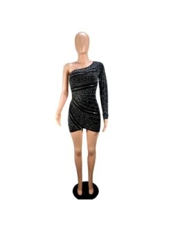 Embellished Zipper One-shoulder Mini Dress -BreezeWear Store P 20240130161012312 481