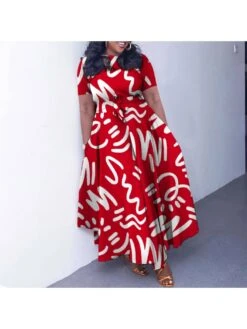 Print Lace Up Swing Short Sleeve Dress -BreezeWear Store P 20240222165011047 958