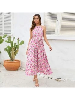 Halter High Rise Fitted Bohemian Sleeveless Dresses