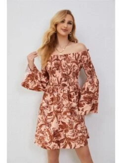 Boat Neck Trumpet Sleeve High Rise Long Sleeves Dress