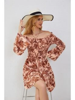 Boat Neck Trumpet Sleeve High Rise Long Sleeves Dress -BreezeWear Store P 20240304174003271 570