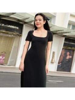 Solid Color U Neck Short Sleeve Dress -BreezeWear Store P 20240311102017375 245