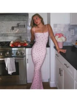 Rib Floral Printed Backless Maxi Dress