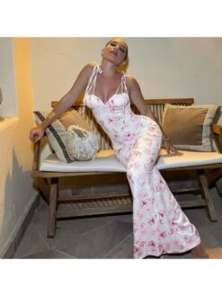 Floral Printed Lace Up Sleeveless Maxi Dress -BreezeWear Store P 20240325112512877 910