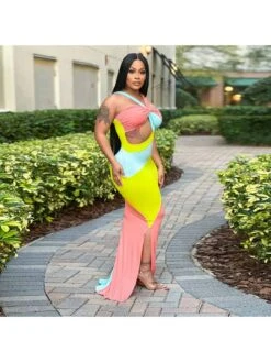 Colorblock Hollow Out Halter Maxi Dress -BreezeWear Store P 20240326170520670 140