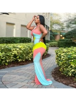 Colorblock Hollow Out Halter Maxi Dress -BreezeWear Store P 20240326170521344 883