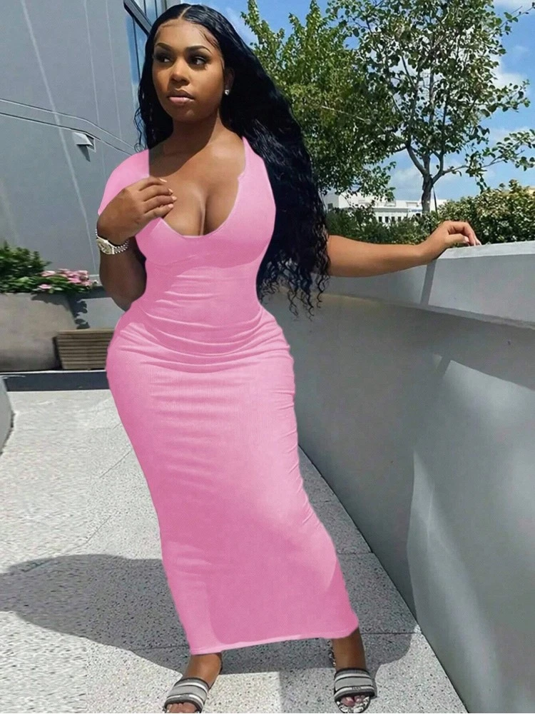 U Neck Low Cut Fitted Short Sleeve Dress 3 U Neck Low Cut Fitted Short Sleeve Dress